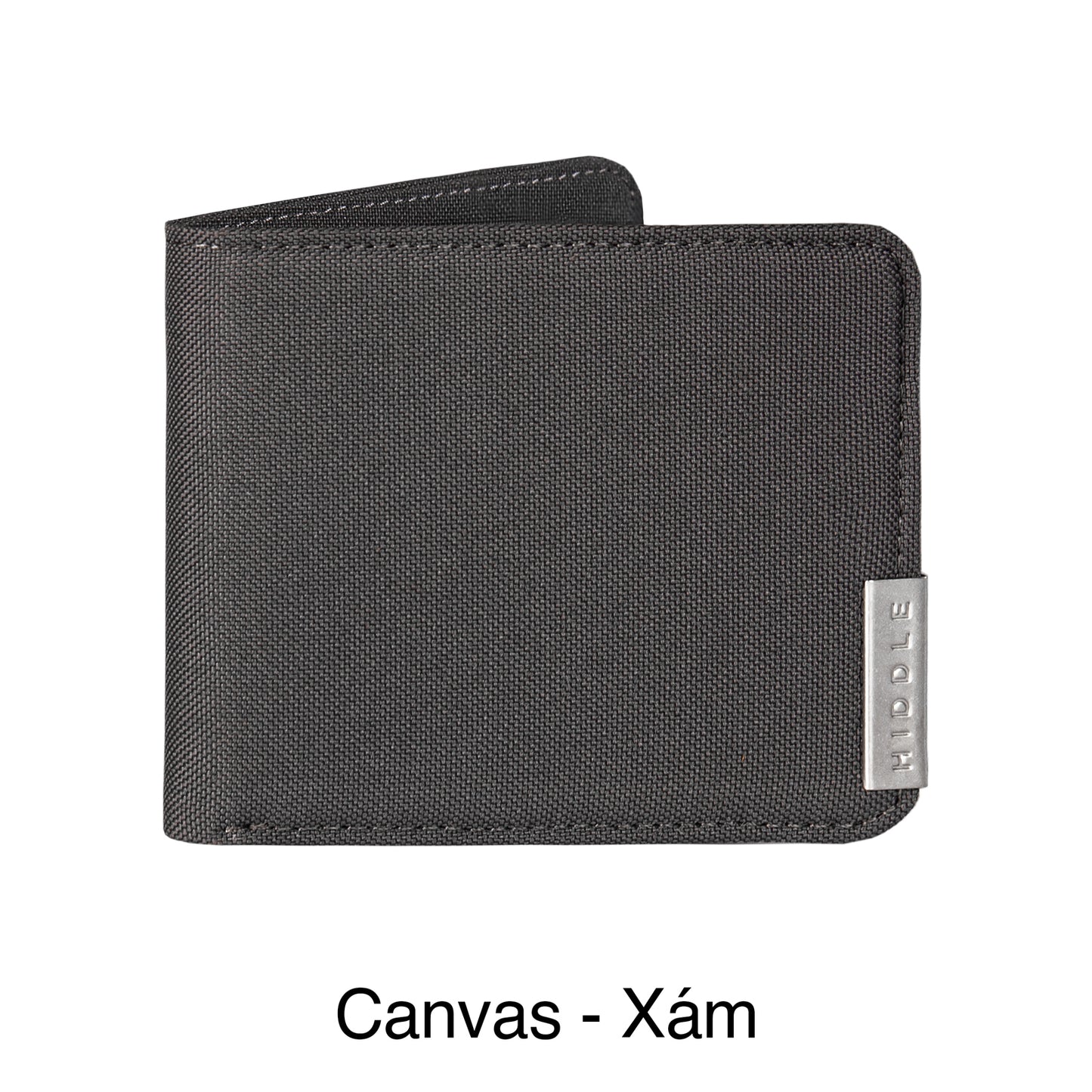 Black canvas wallet with a visible brand logo on a white background