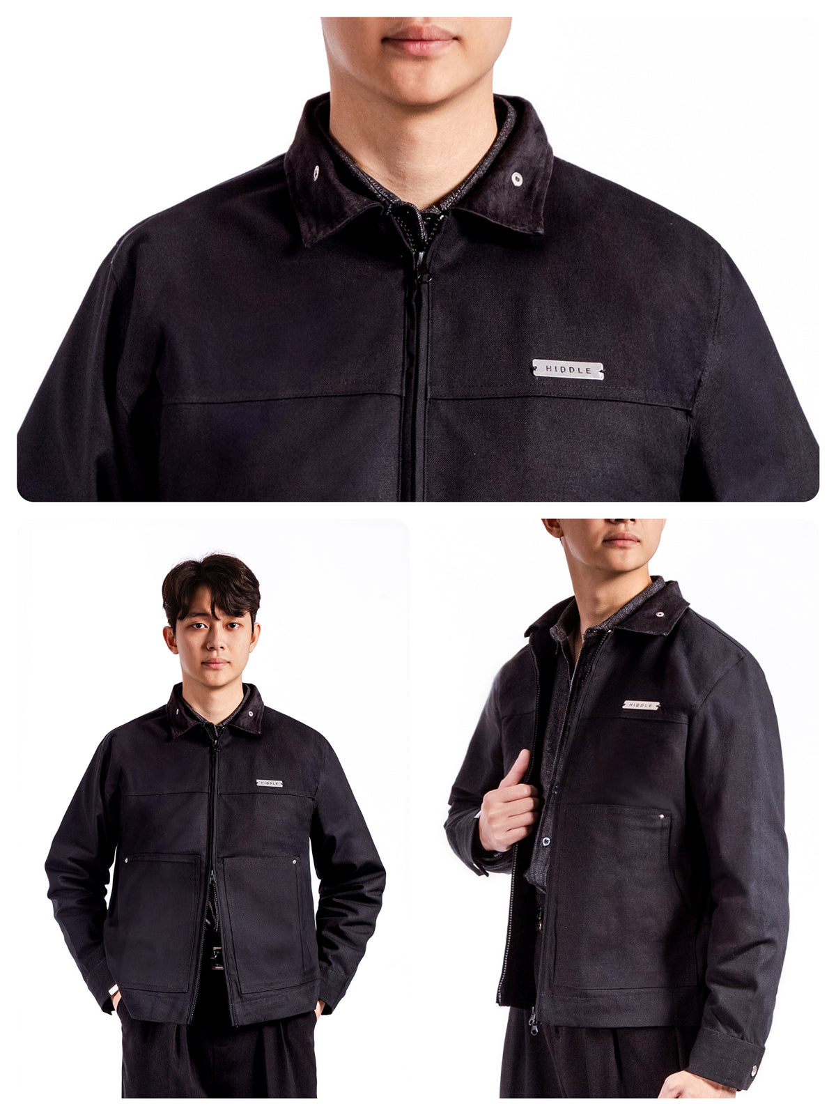 Black jacket with a brand logo worn by a person on a white background