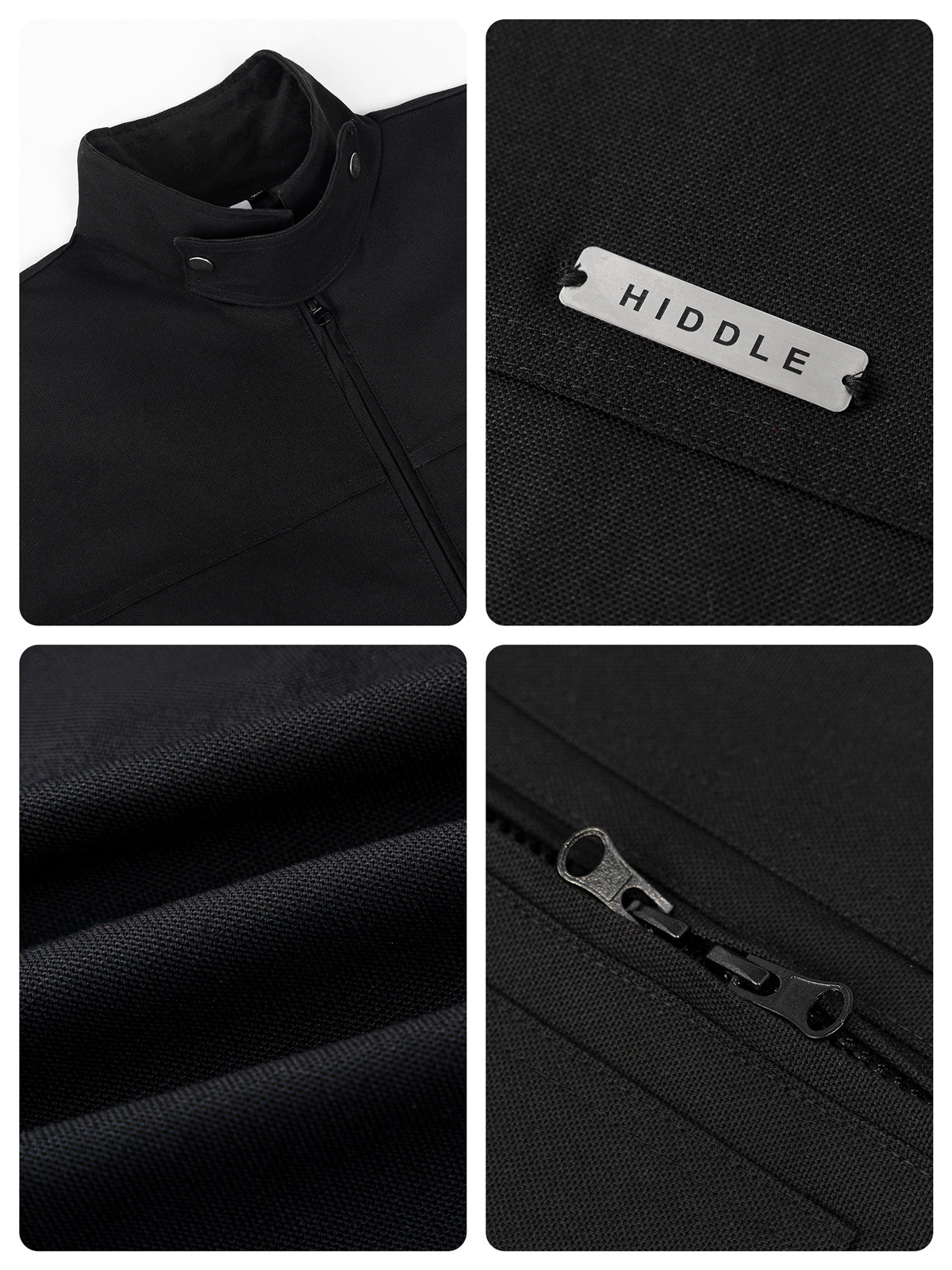 Collage of a black jacket with close-up details on fabric texture, zipper, and brand logo.