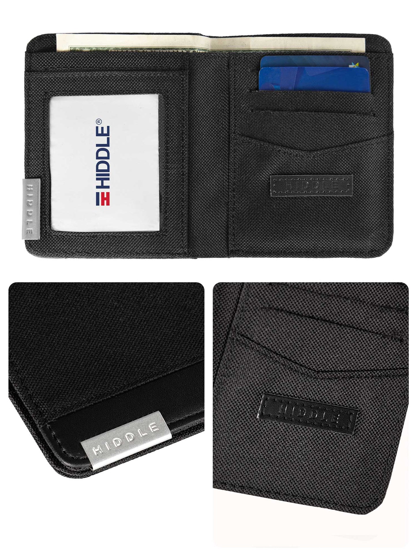 Black wallet with card slots and Hiddle branding on a white background