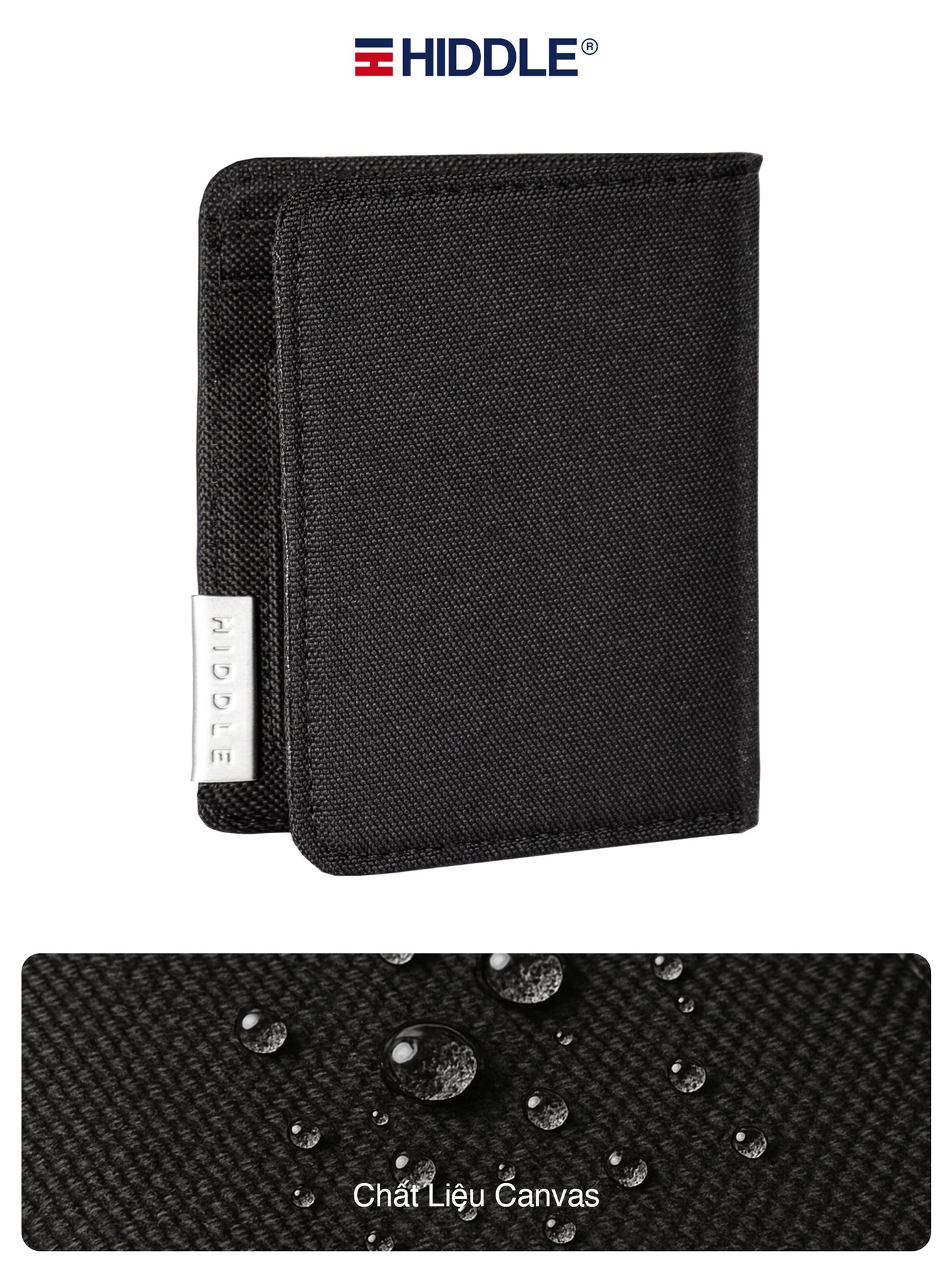 Black wallet with Hiddle branding on a white background