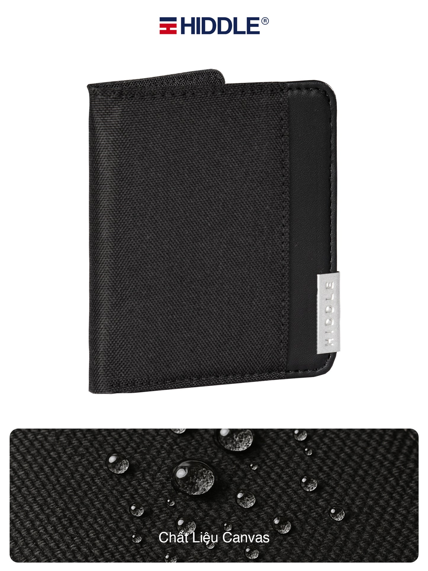 Black wallet with Hiddle branding on a white background