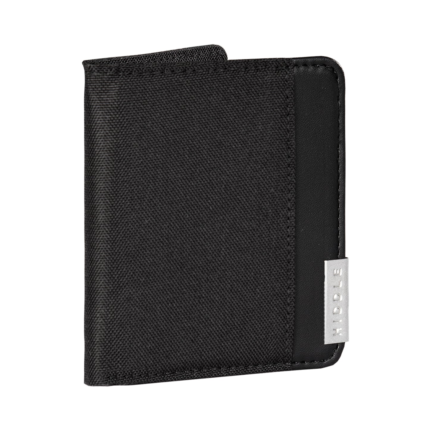 Black wallet with a visible brand logo on a white background