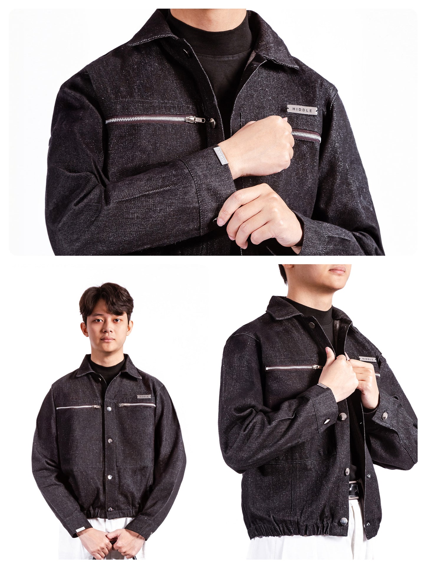 Dark denim jacket with zippers and buttons worn by a person on a white background