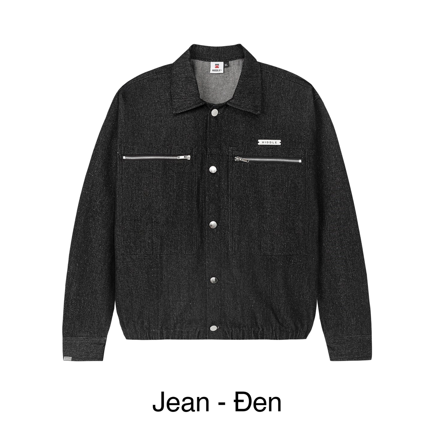 Black denim jacket with zippers on a white background