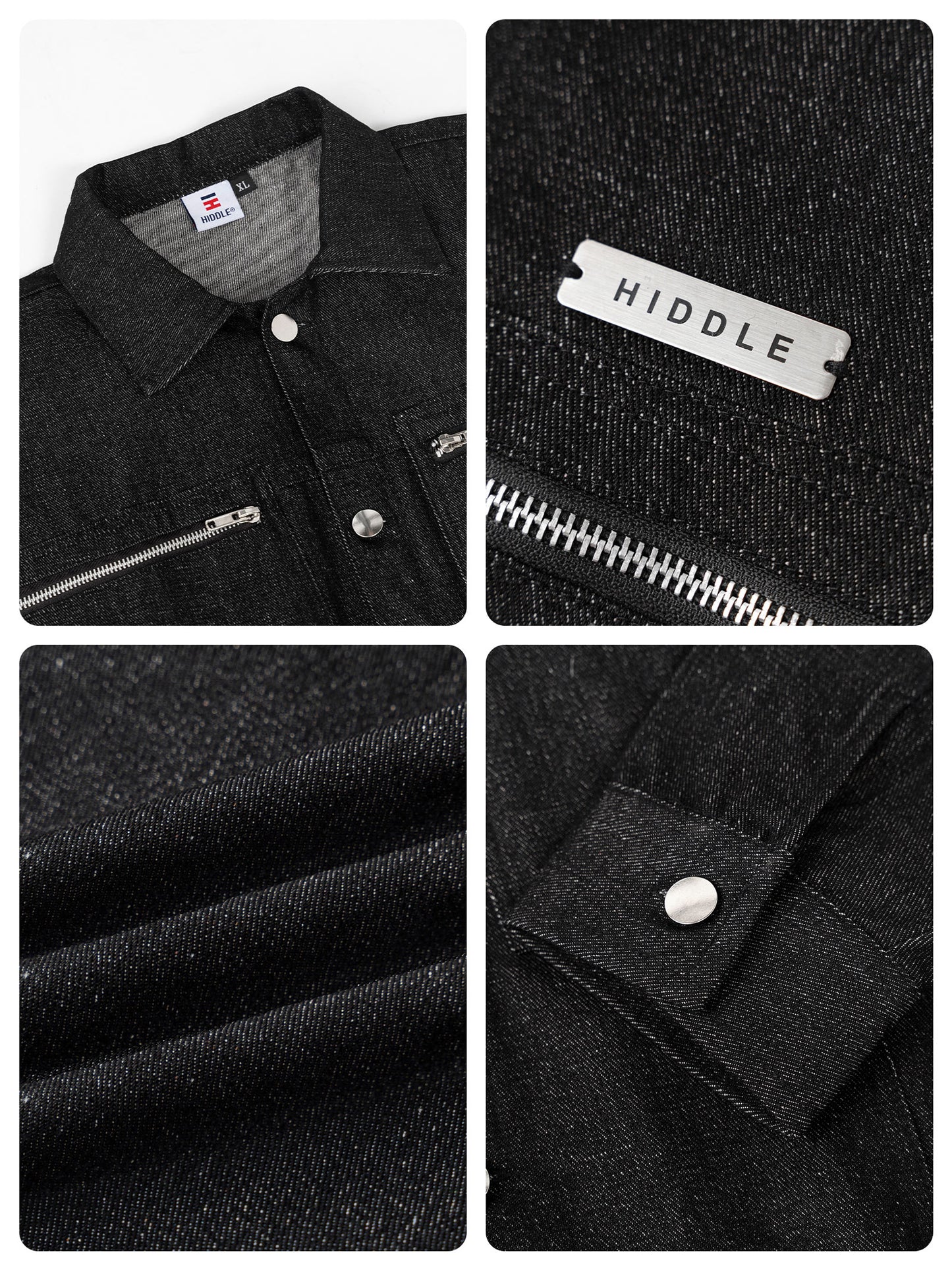Collage of black denim jacket details with 'Hiddle' branding.