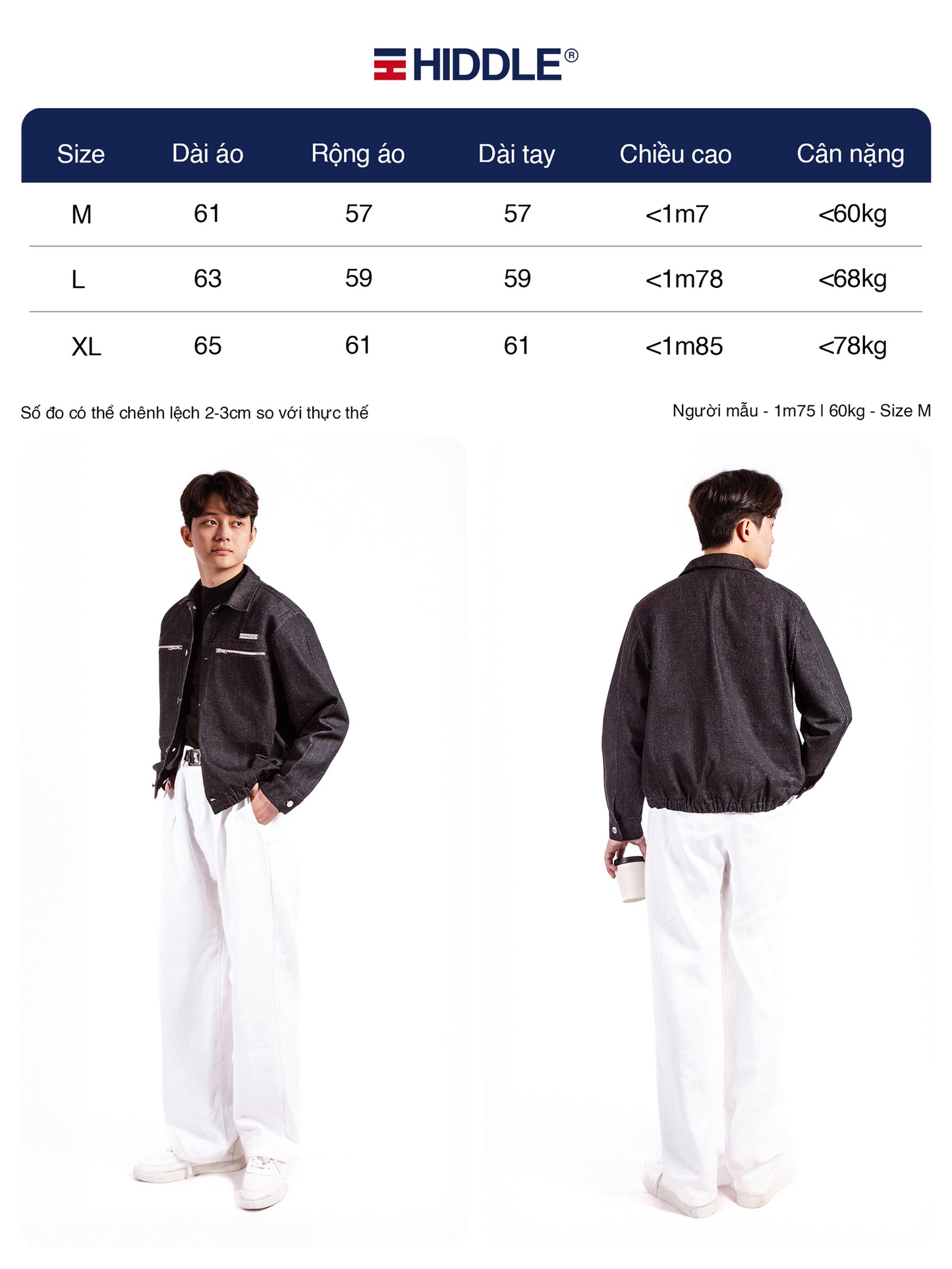 Size chart for a jacket with a person wearing it, showing front and back views.
