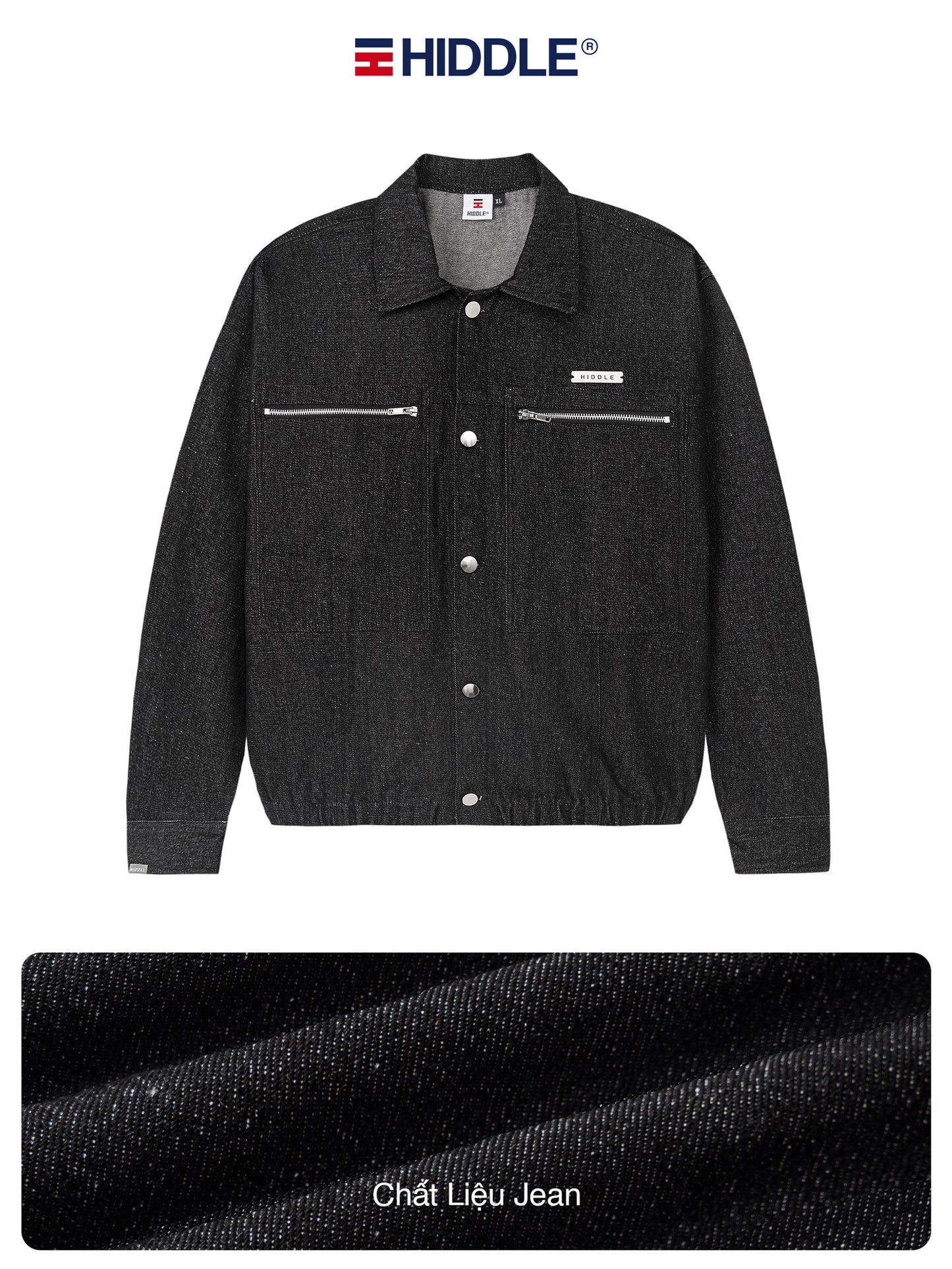 Black jacket with Hiddle branding on a white background