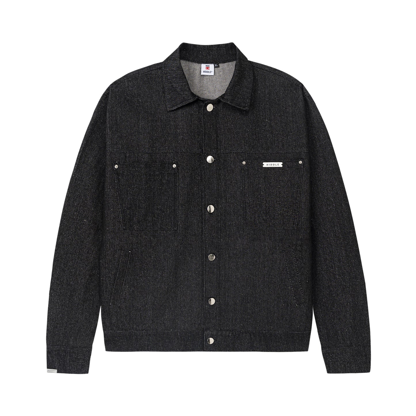 Dark gray jacket with button details on a white background