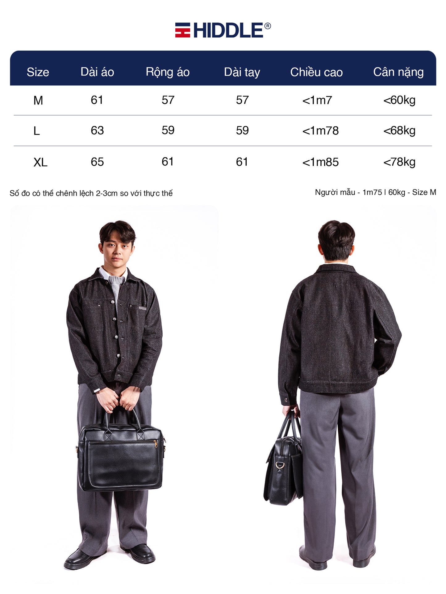 Hiddle clothing size chart with two models wearing the outfit.