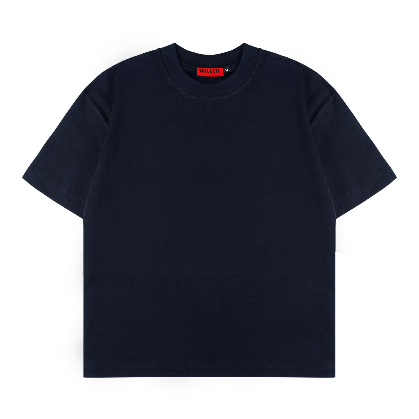 Black t-shirt with a red label on a white background