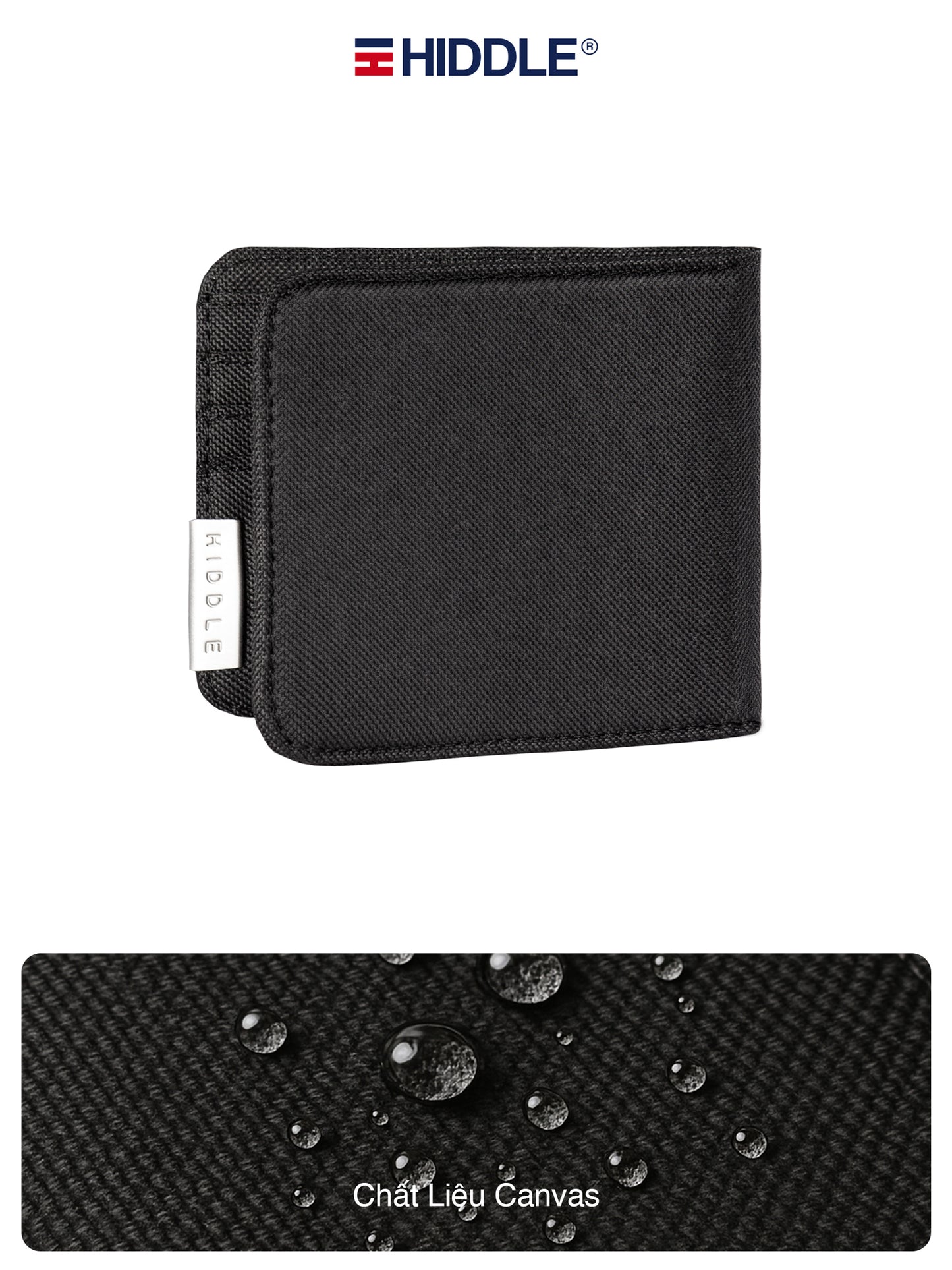 Black wallet with Hiddle branding on a white background