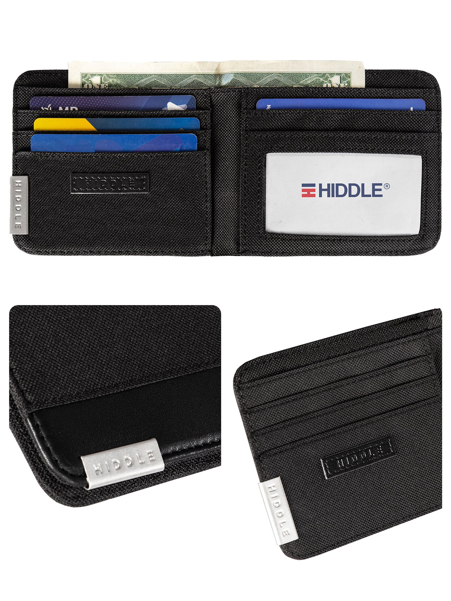 Black wallet with card slots and money compartment, featuring the Hiddle brand.