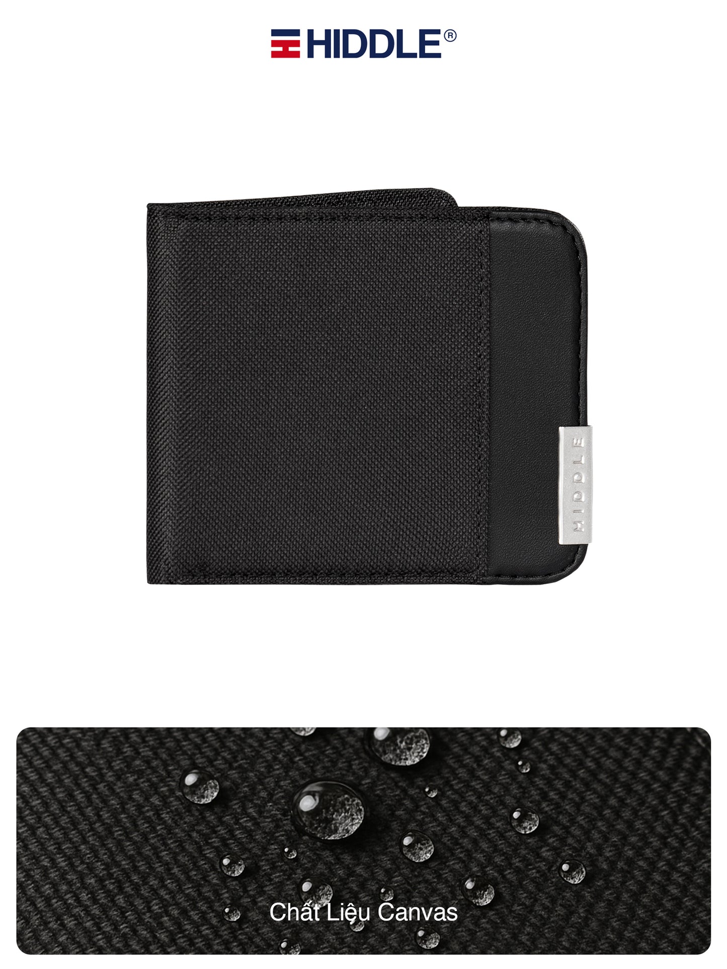 Black wallet with Hiddle branding on a white background