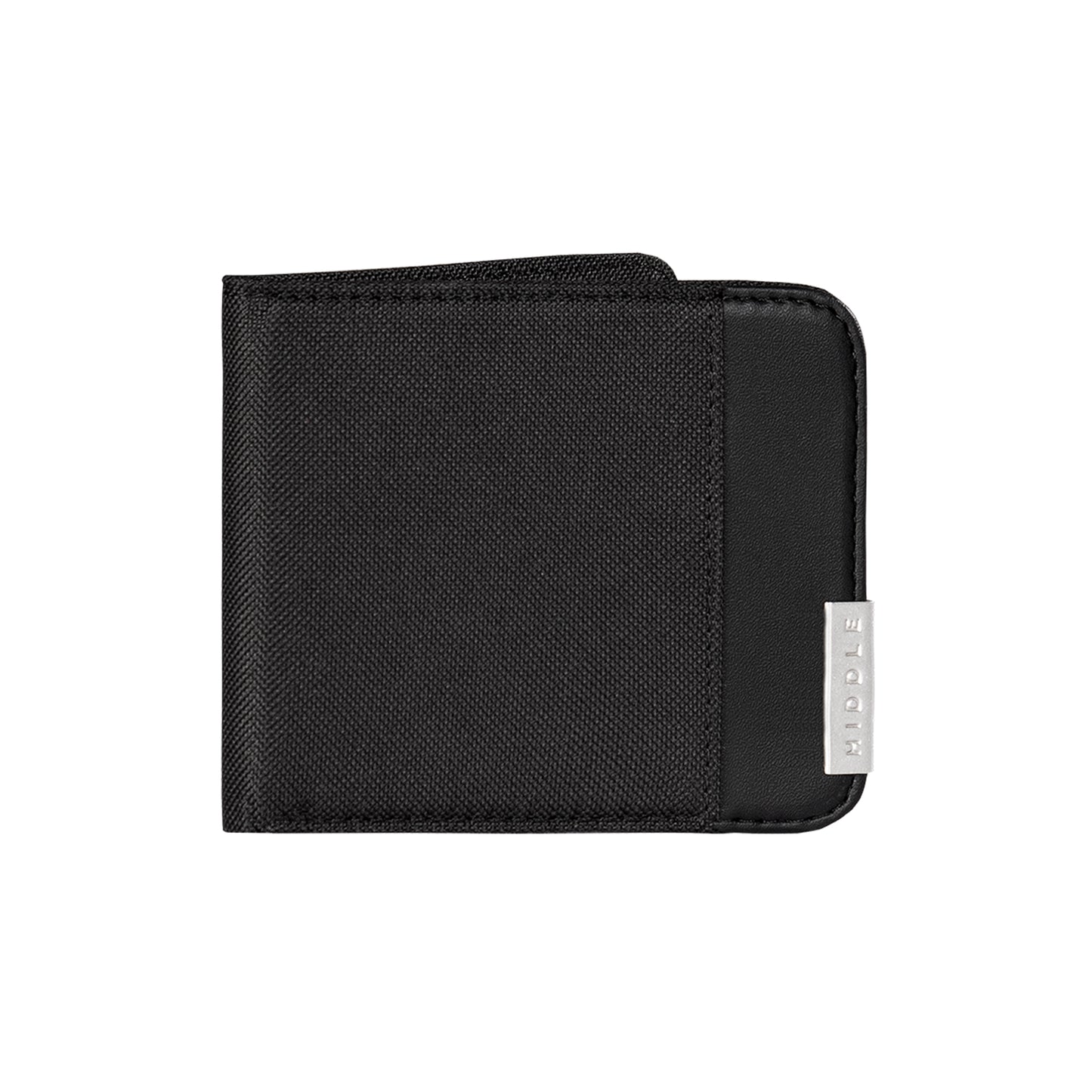 Black wallet with a brand label on a white background