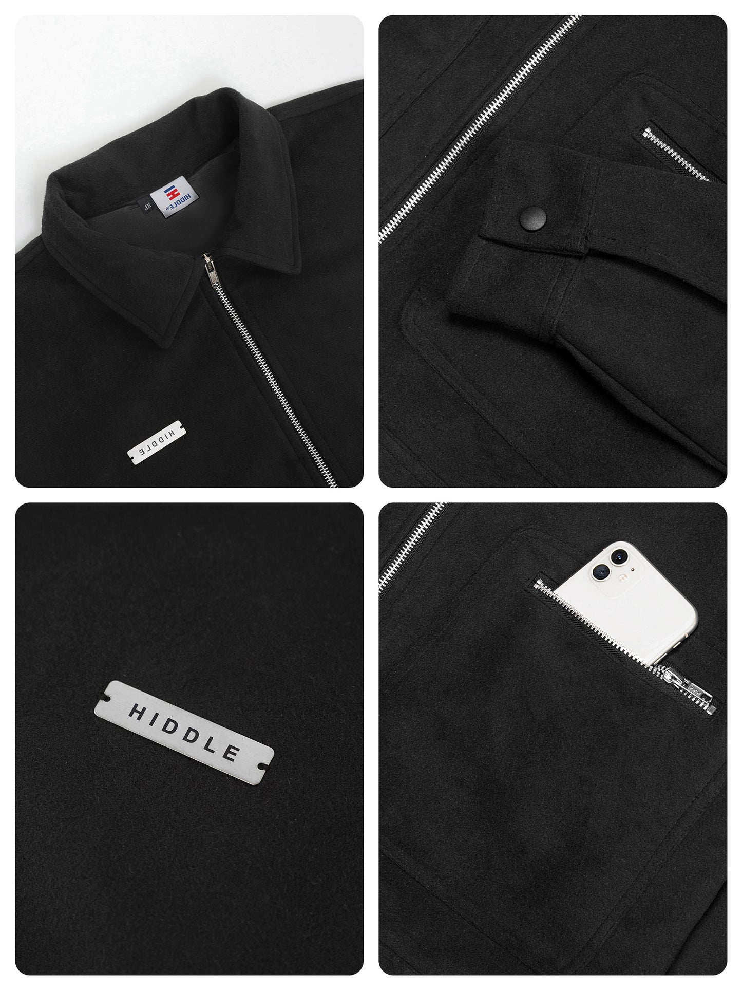 Black jacket with visible branding and features on a white background