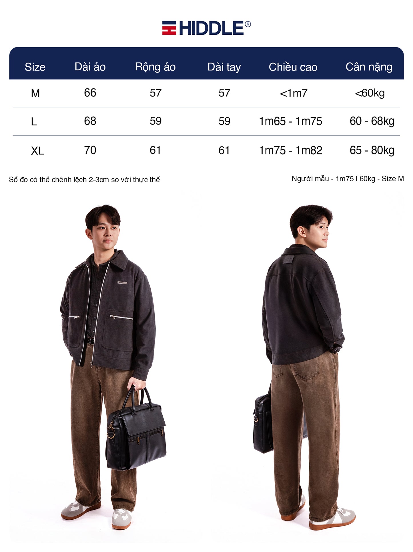 Size chart for a jacket with two models wearing the jacket, showing measurements in centimeters and kilograms.