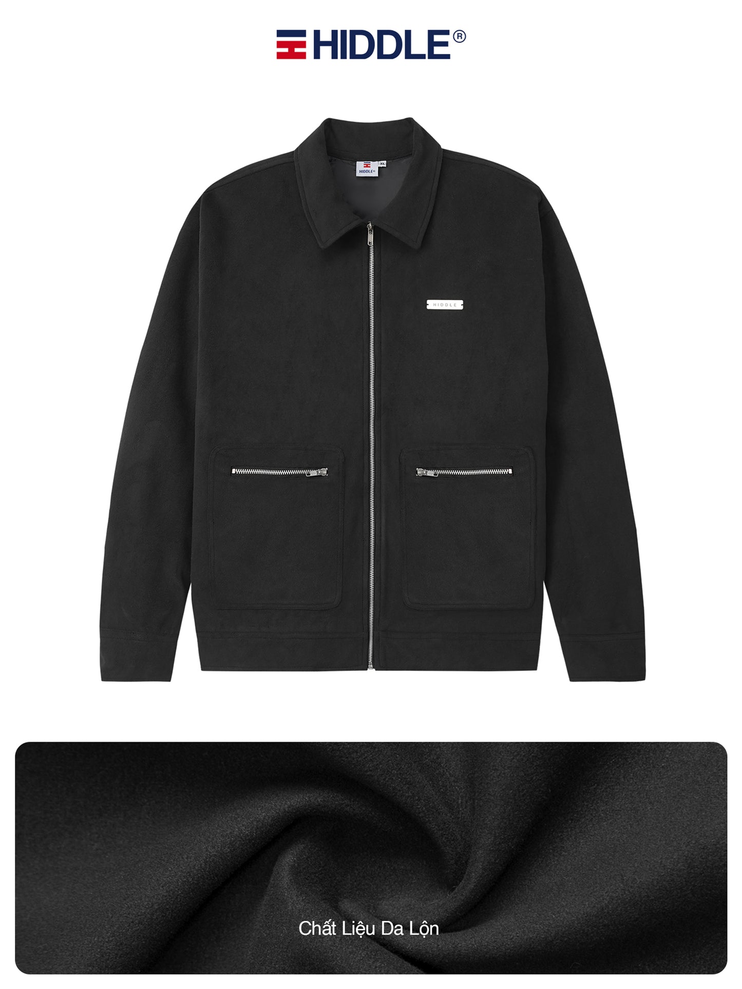 Black jacket with zipper details on a white background, featuring the Hiddle brand.