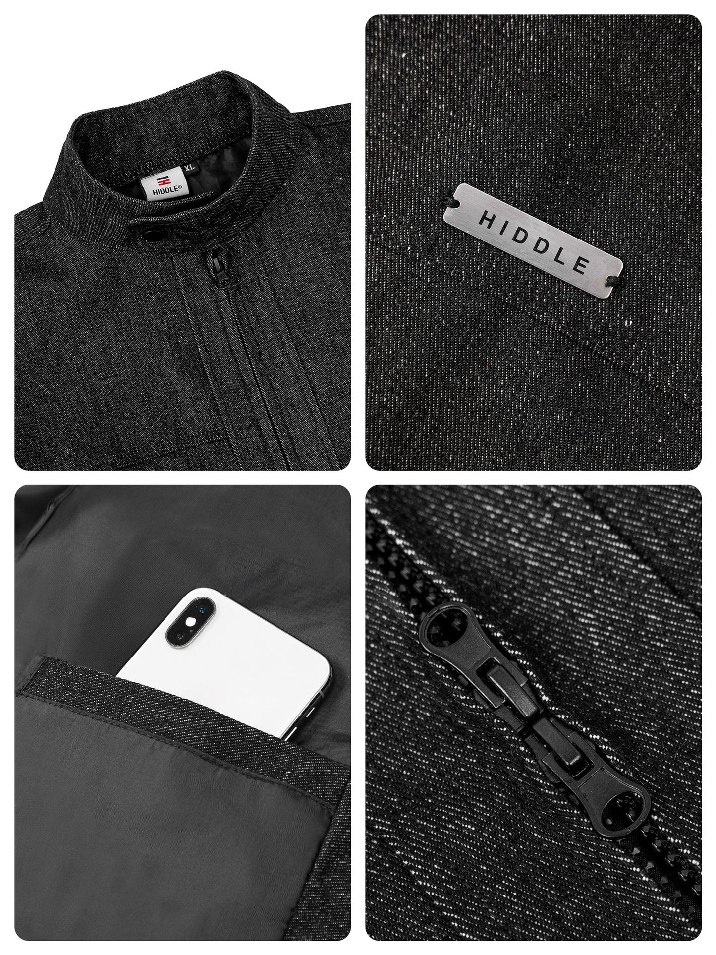 Collage of a black jacket with visible branding and features.