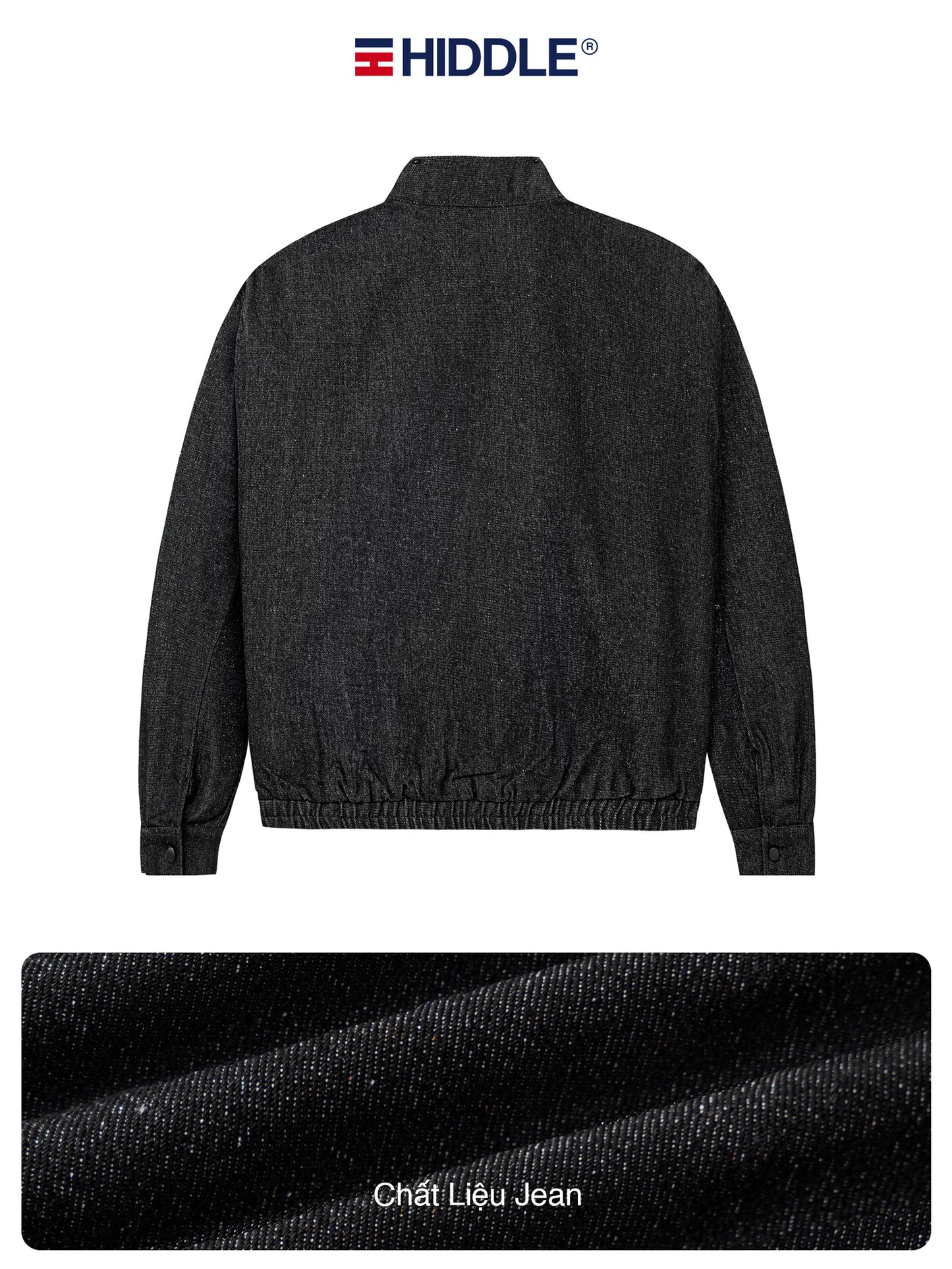 Dark gray jacket with 'Hiddle' branding on a white background