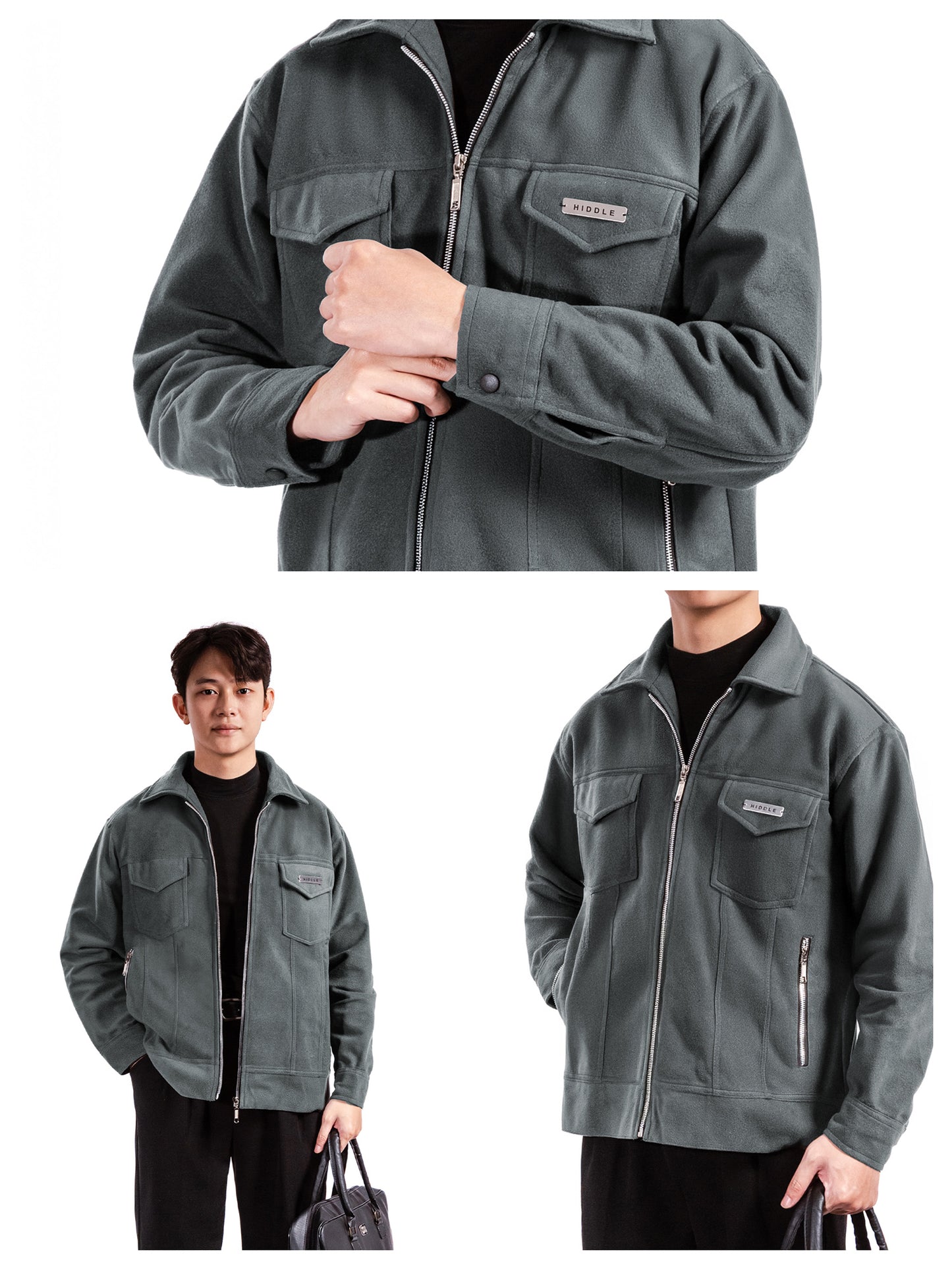 Gray jacket with a brand logo on a white background