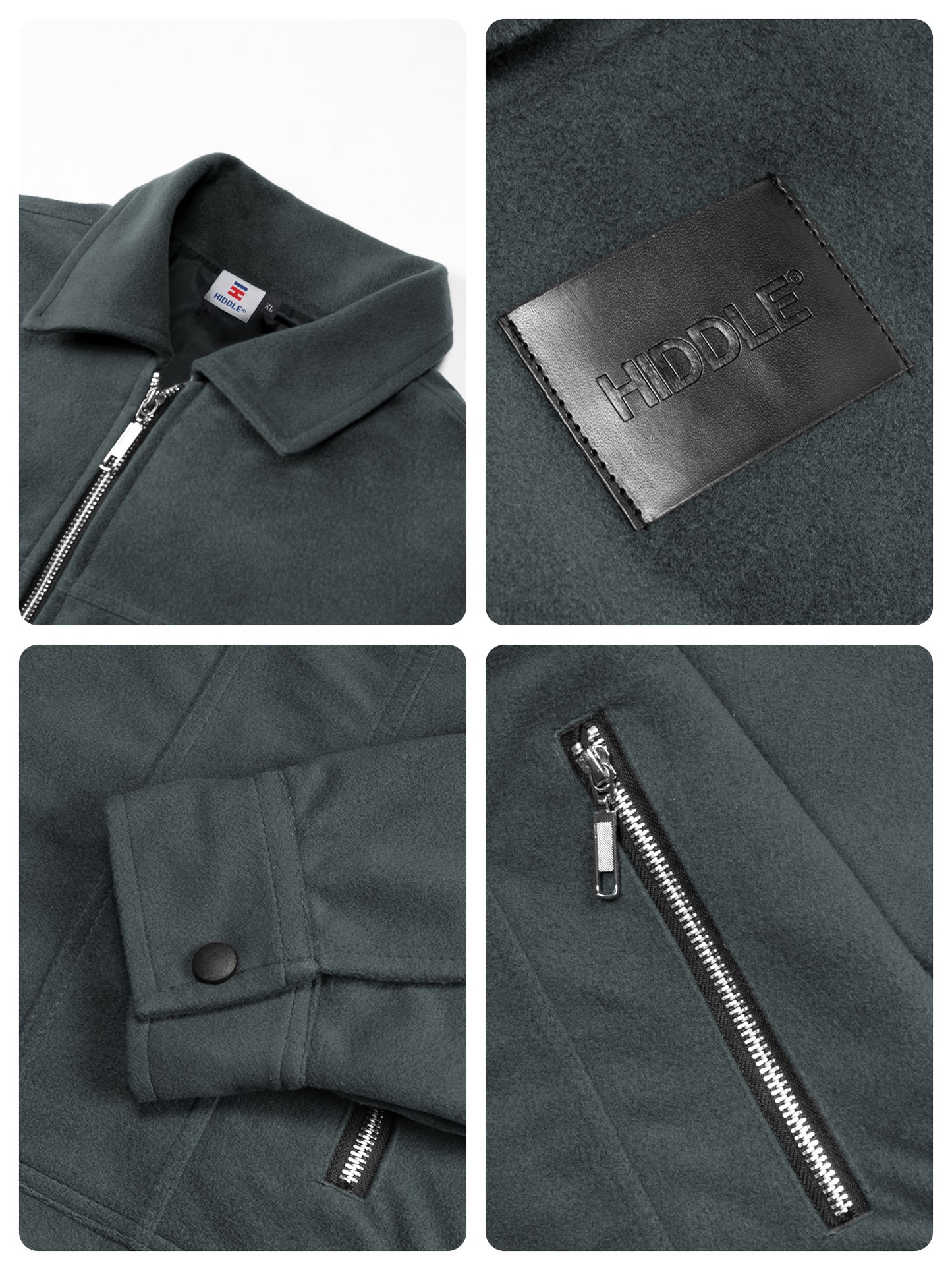 Collage of a dark gray jacket with close-up details on collar, zipper, and brand label.