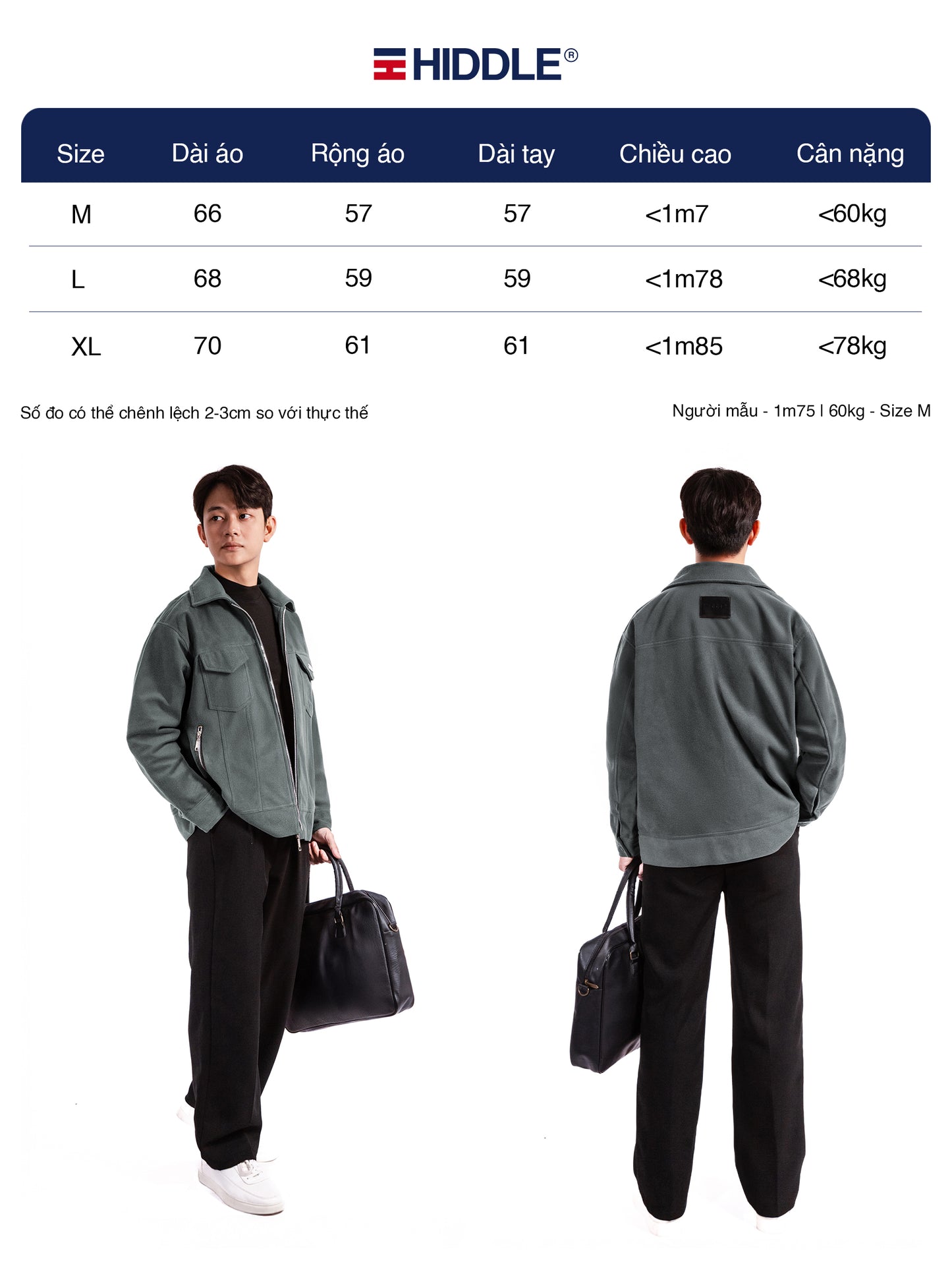 Person wearing a gray jacket with size chart and Hiddle branding