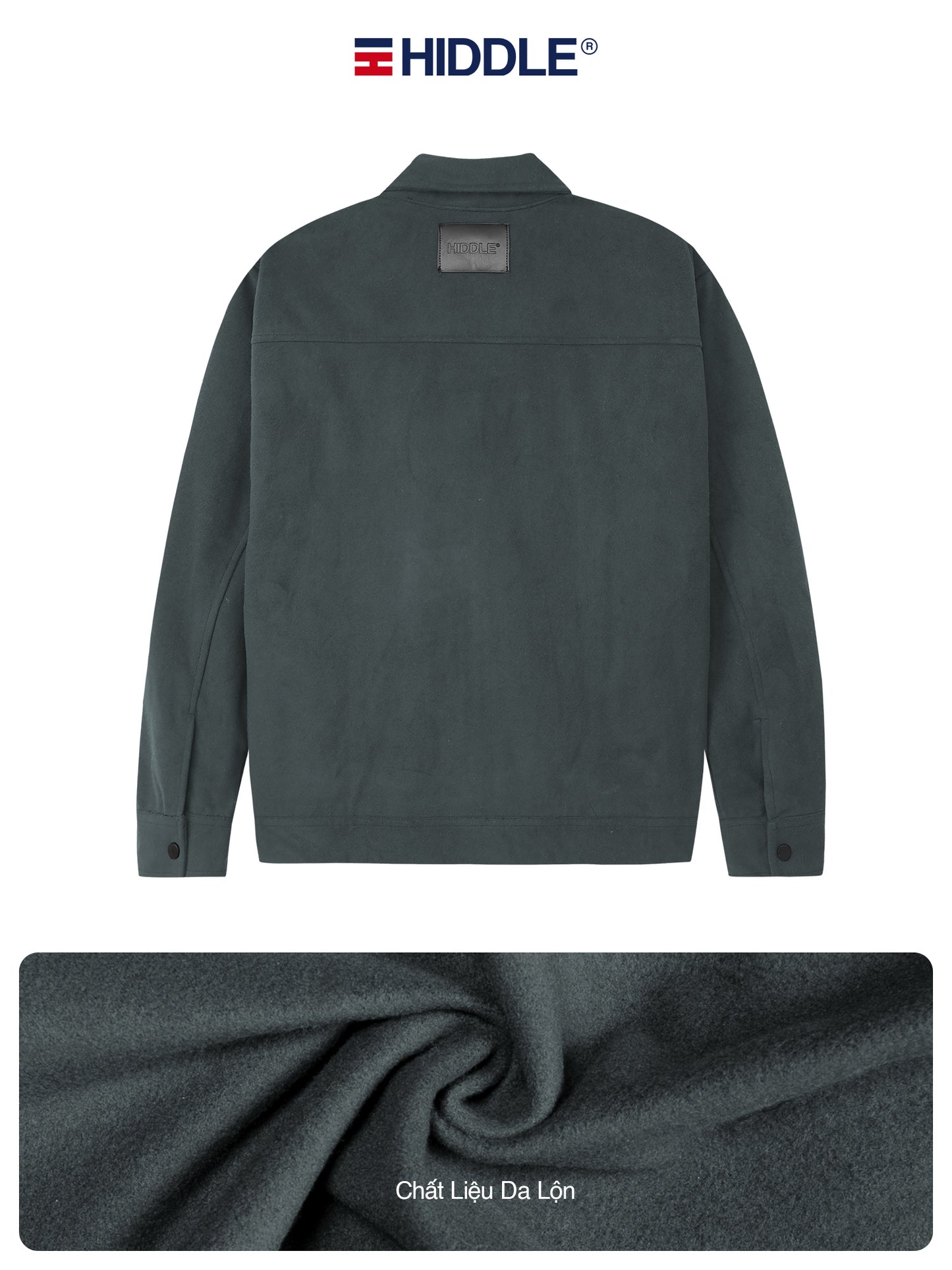 Dark gray jacket with 'Hiddle' branding on a white background