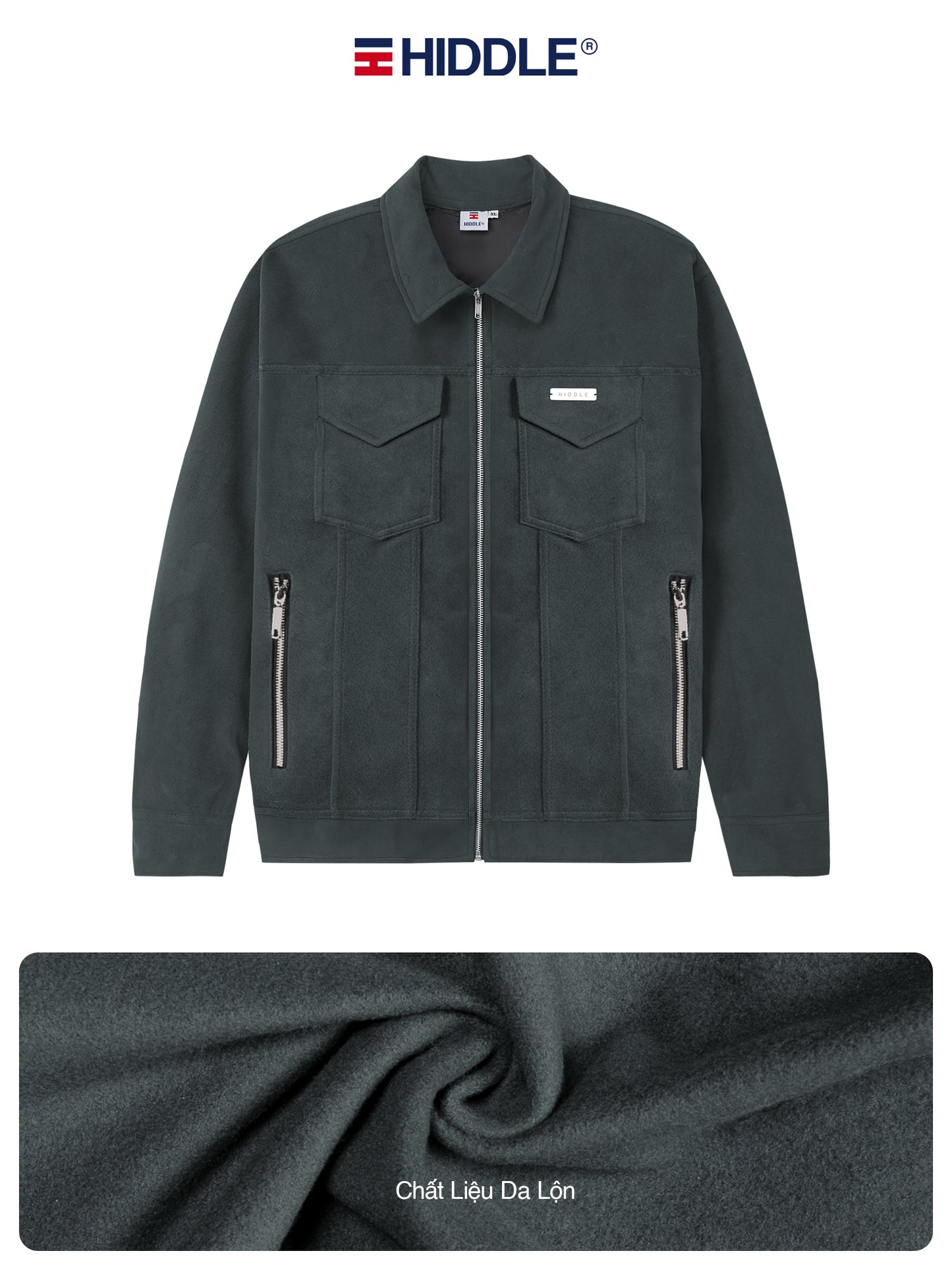 Dark gray jacket with zippers and pockets on a white background, featuring the Hiddle brand.