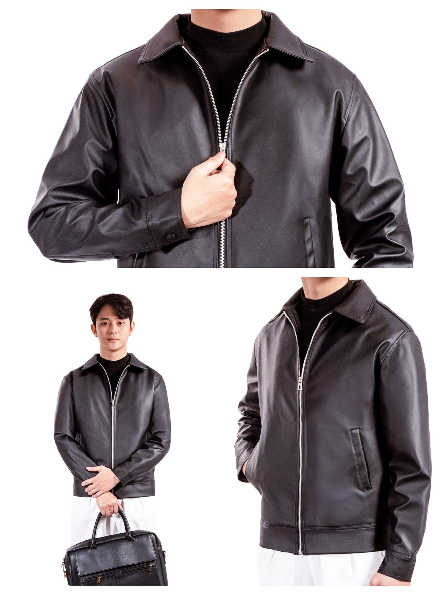 Black leather jacket shown from different angles on a white background