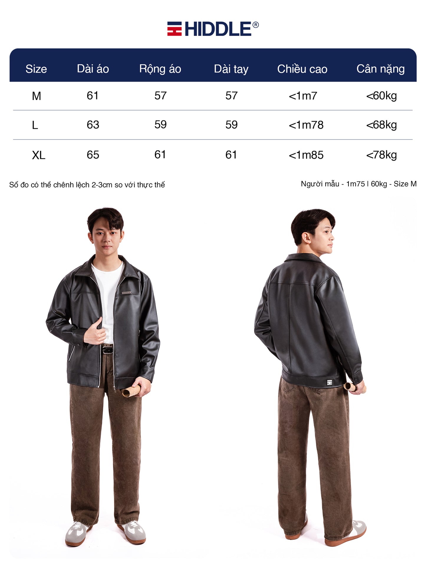 Person wearing a jacket and pants with size chart on a white background, featuring the brand 'Hiddle'.