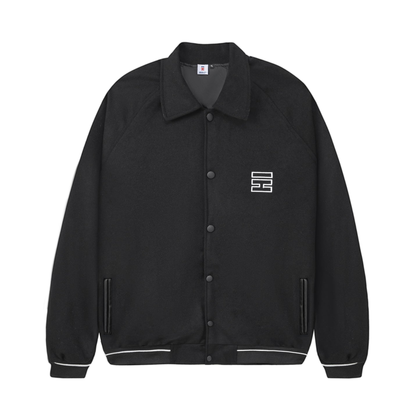 Black jacket with a logo on a white background
