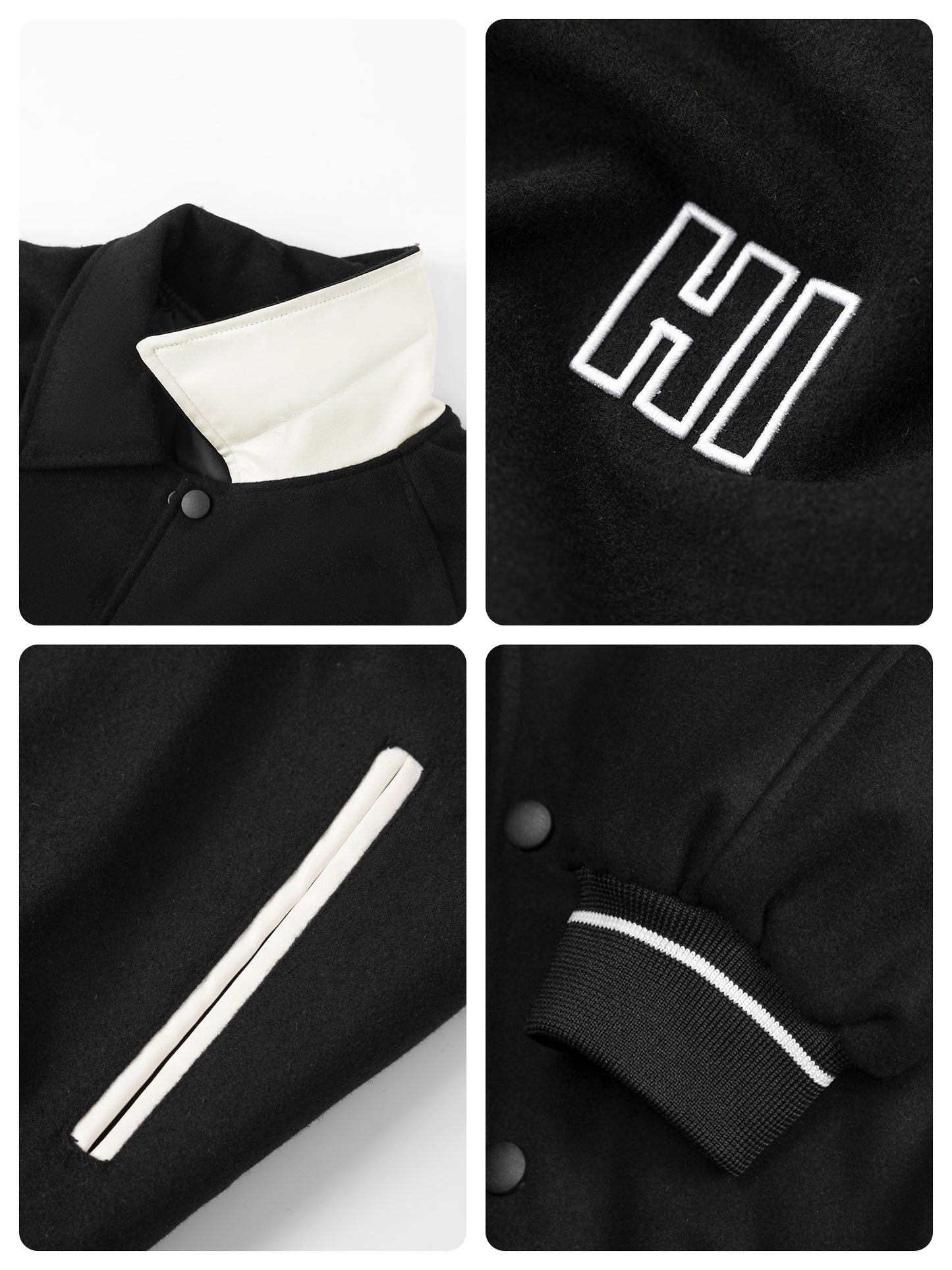 Black jacket with white accents and 'HI' logo on a white background