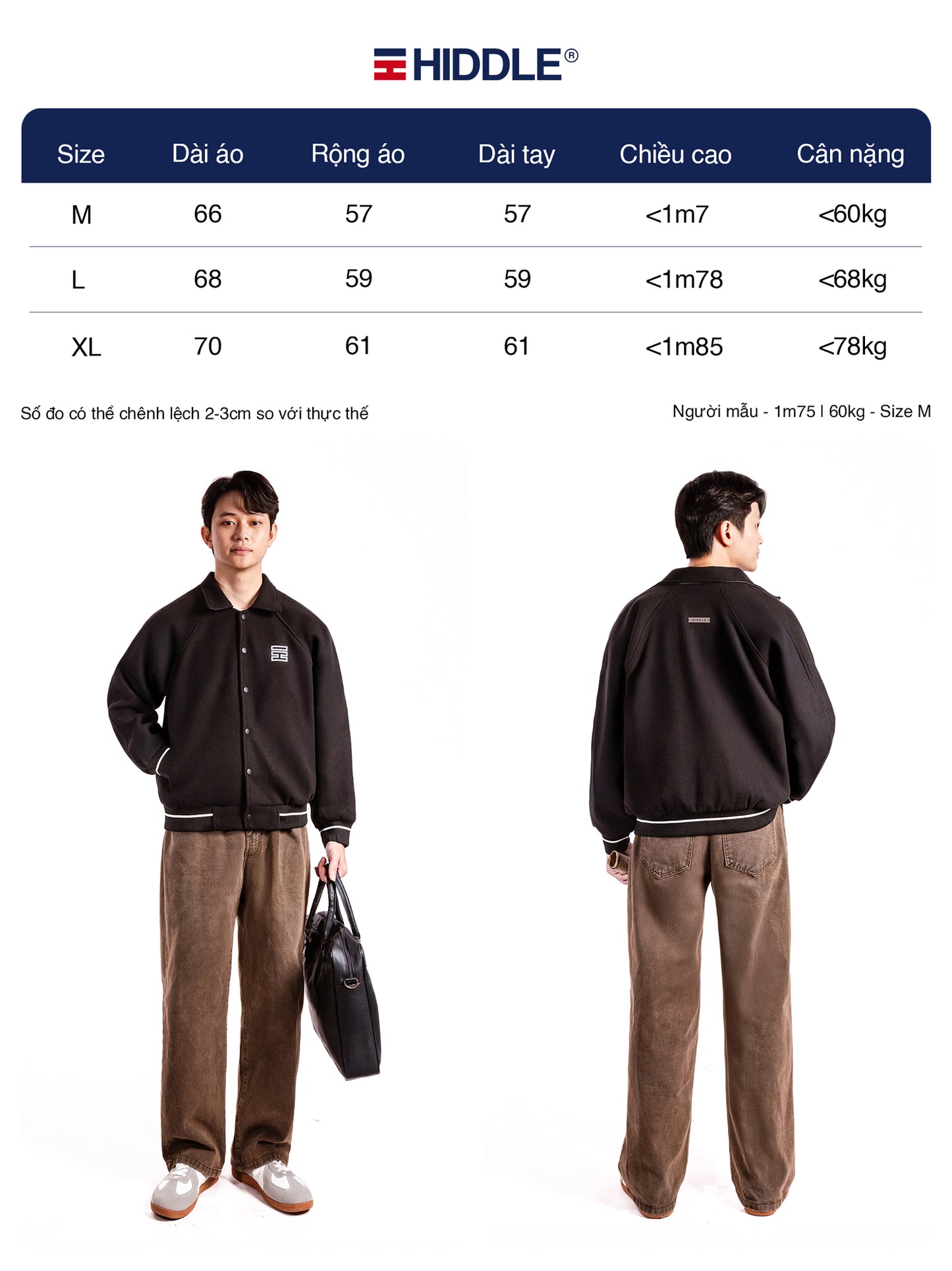 Person wearing a black jacket and brown pants with Hiddle branding, showing front and back views.