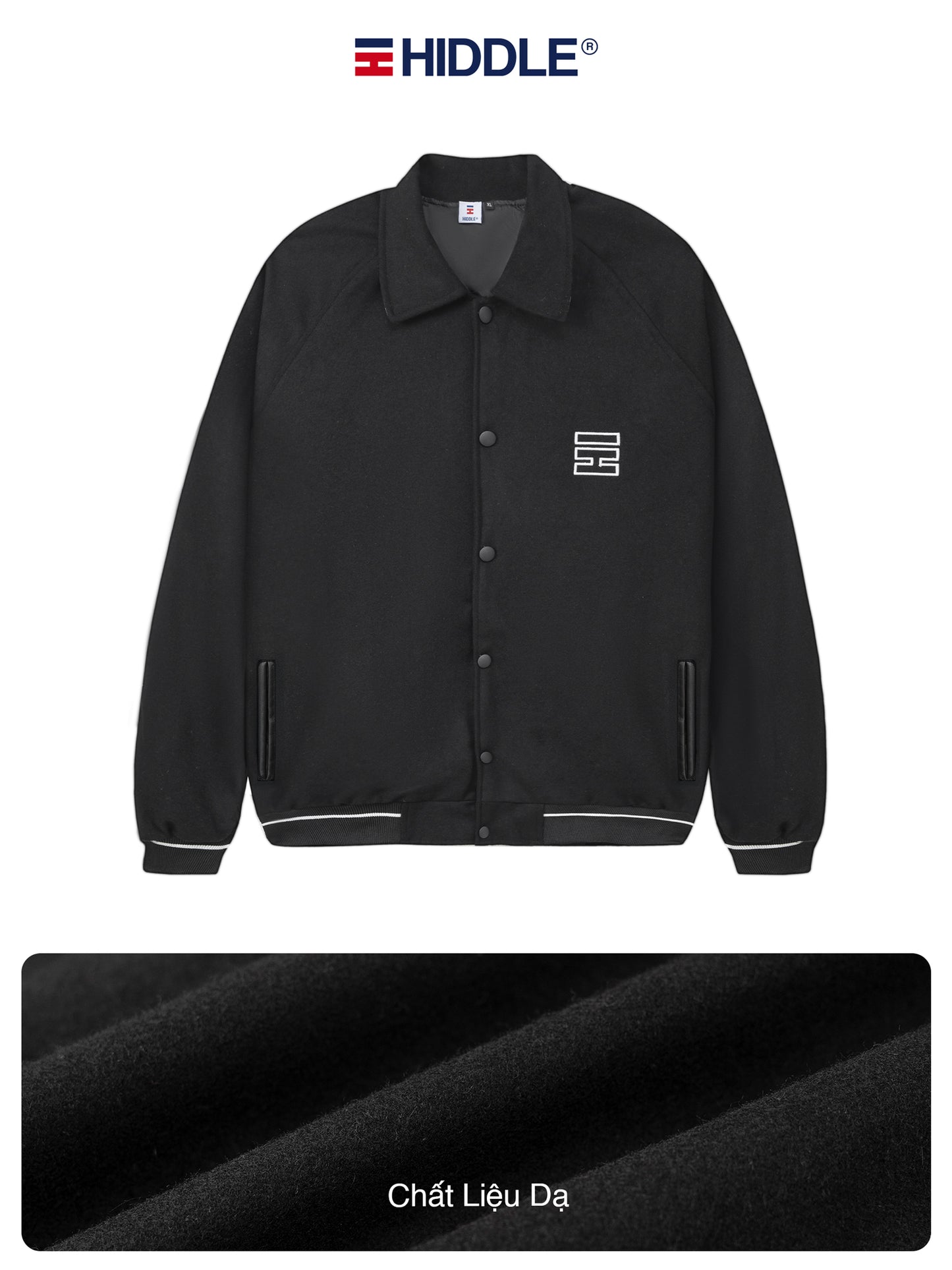 Black jacket with a small logo on a white background, featuring the brand 'Hiddle'.