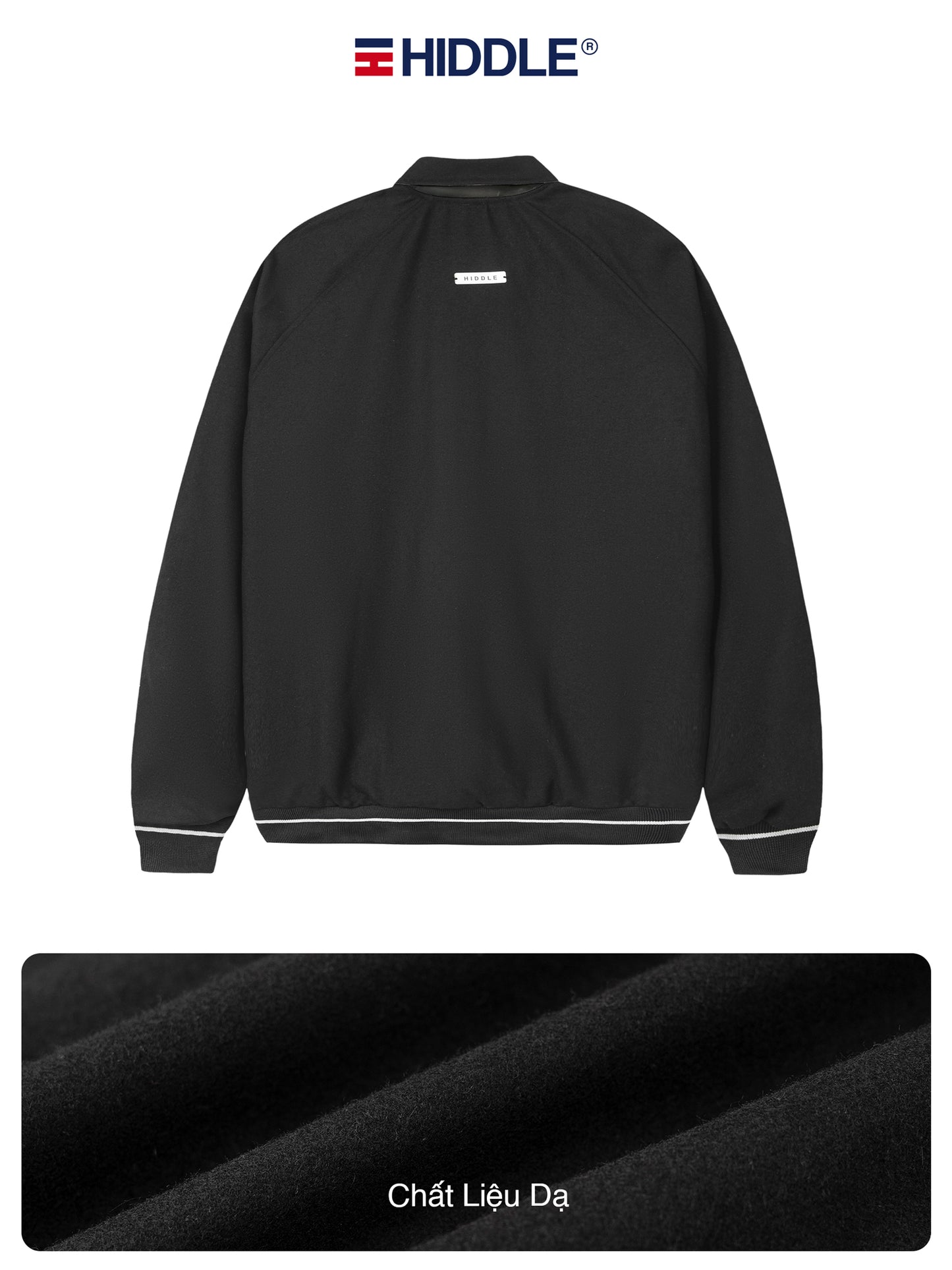 Black jacket with visible branding on a white background