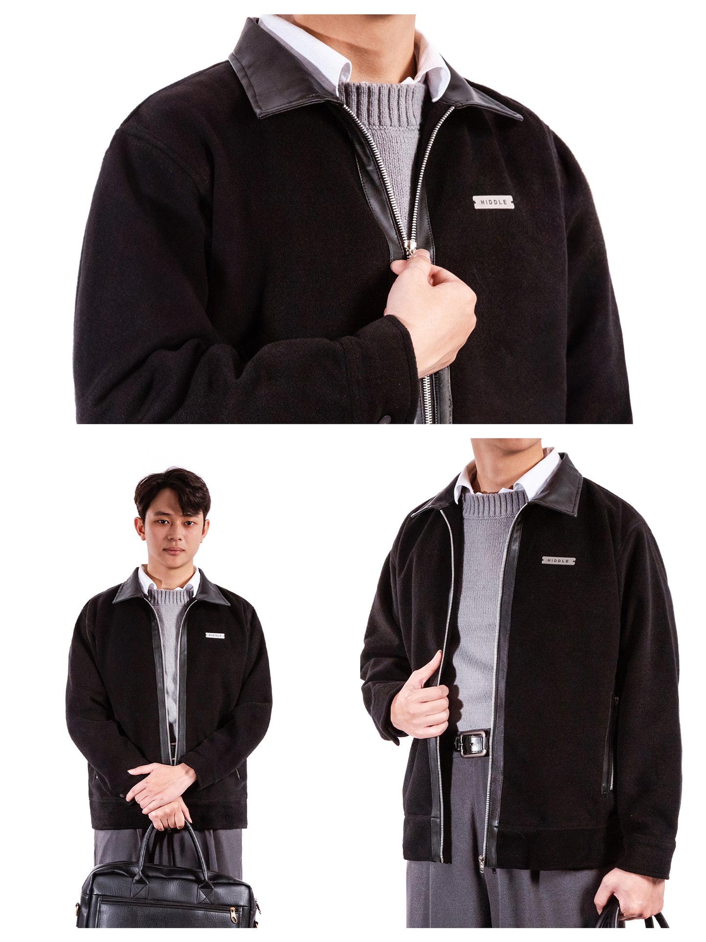 Black jacket with gray collar worn by a person, held open to show interior, and worn by a person standing with a suitcase.