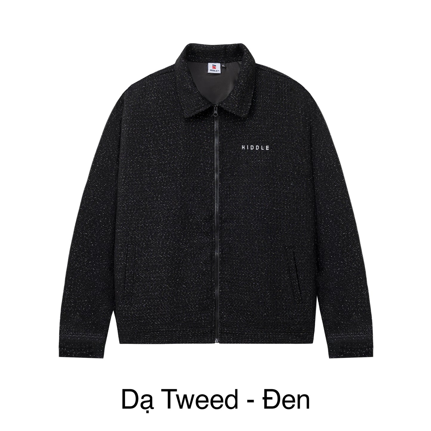 Black tweed jacket with a brand logo on a white background
