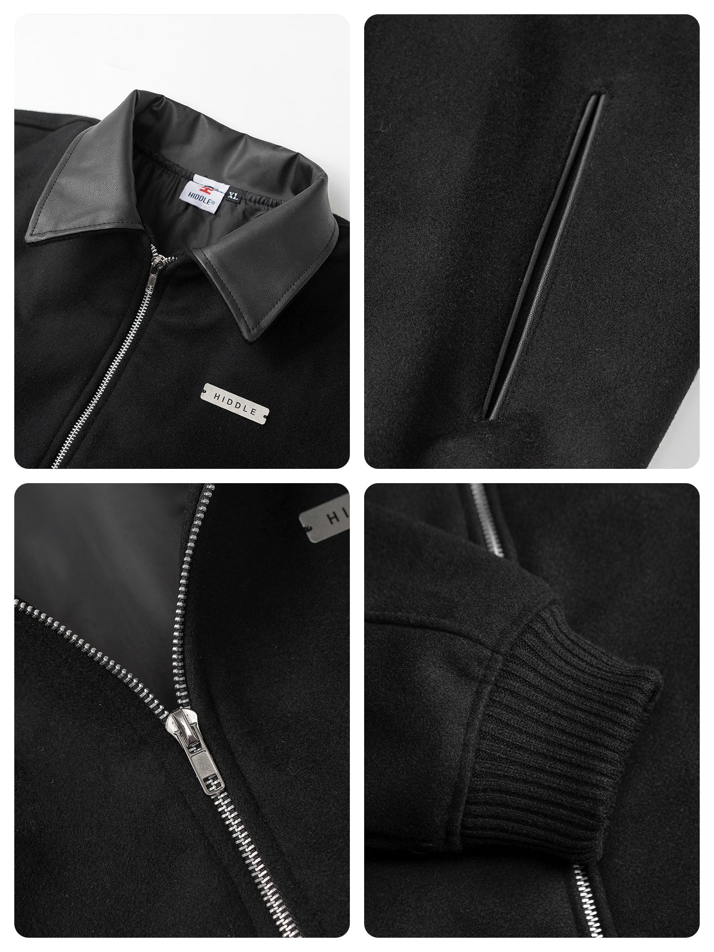 Collage of a black jacket with close-up details on a white background