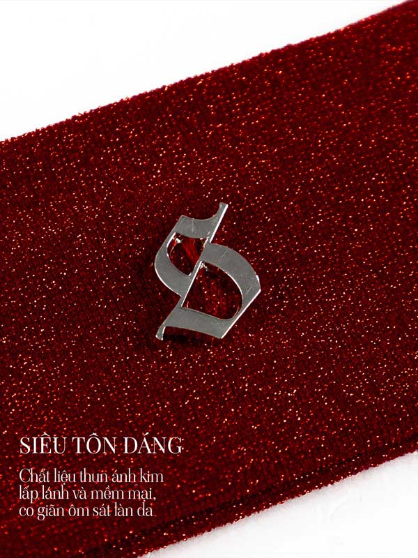 Red glittery fabric with a silver logo on a white background