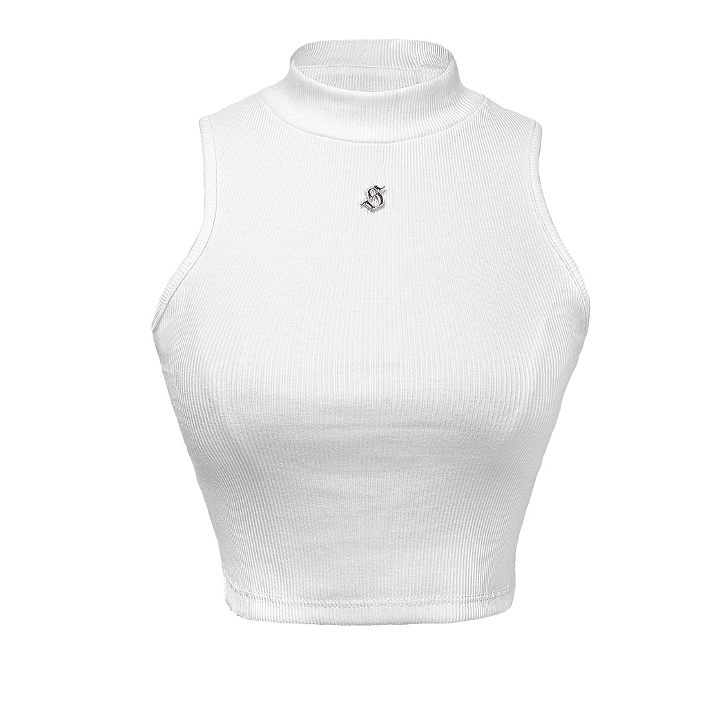 White ribbed tank top with a small logo on a white background