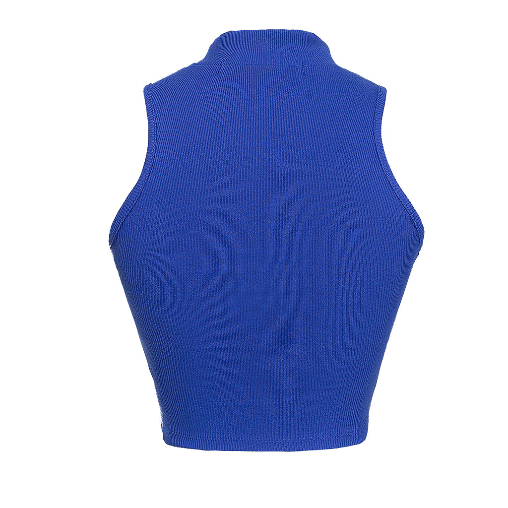 Blue sleeveless top on a white background