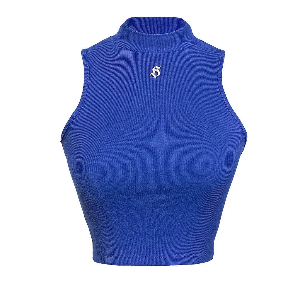 Blue sleeveless top with a small logo on a white background