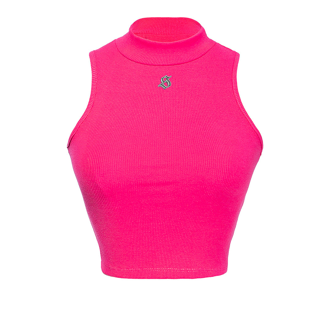 Pink sleeveless top with a small logo on a white background