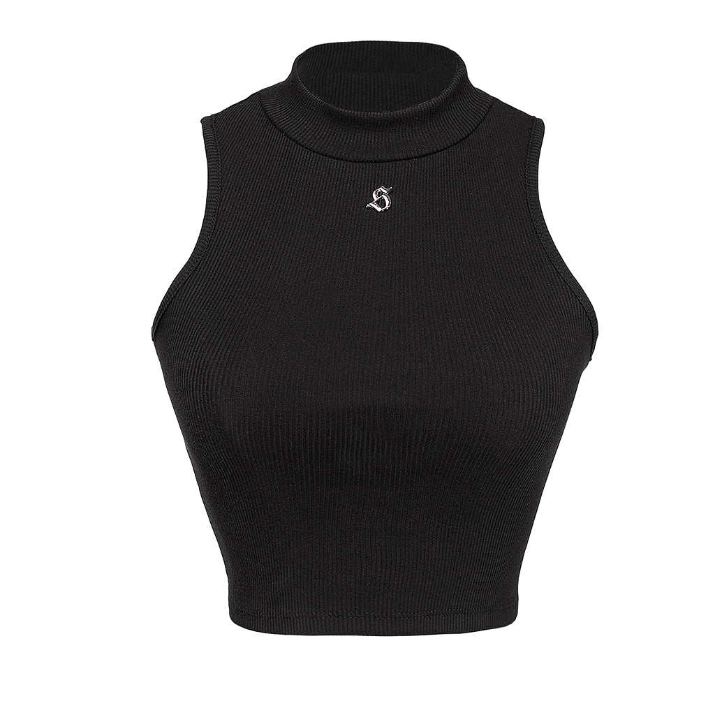 Black sleeveless ribbed crop top with a small logo on a white background