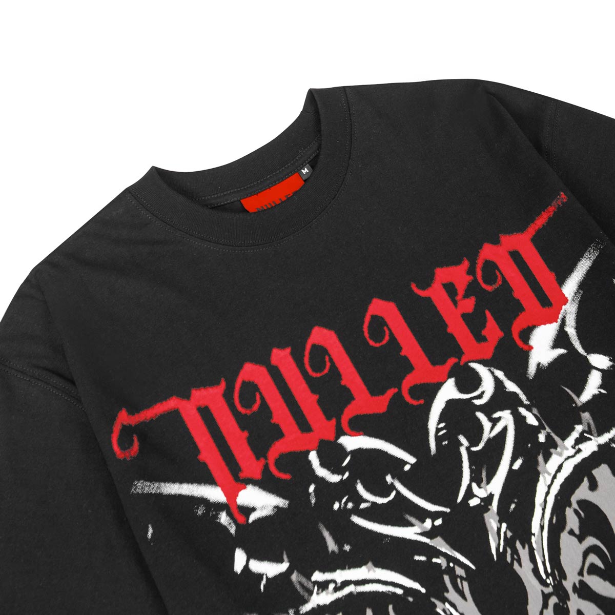 Black sweatshirt with red text and graphic design on a white background