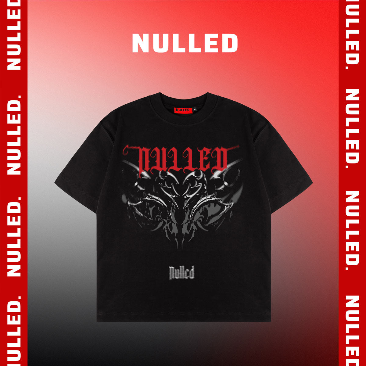 Black t-shirt with 'Nulled' graphic design on a red and gray gradient background