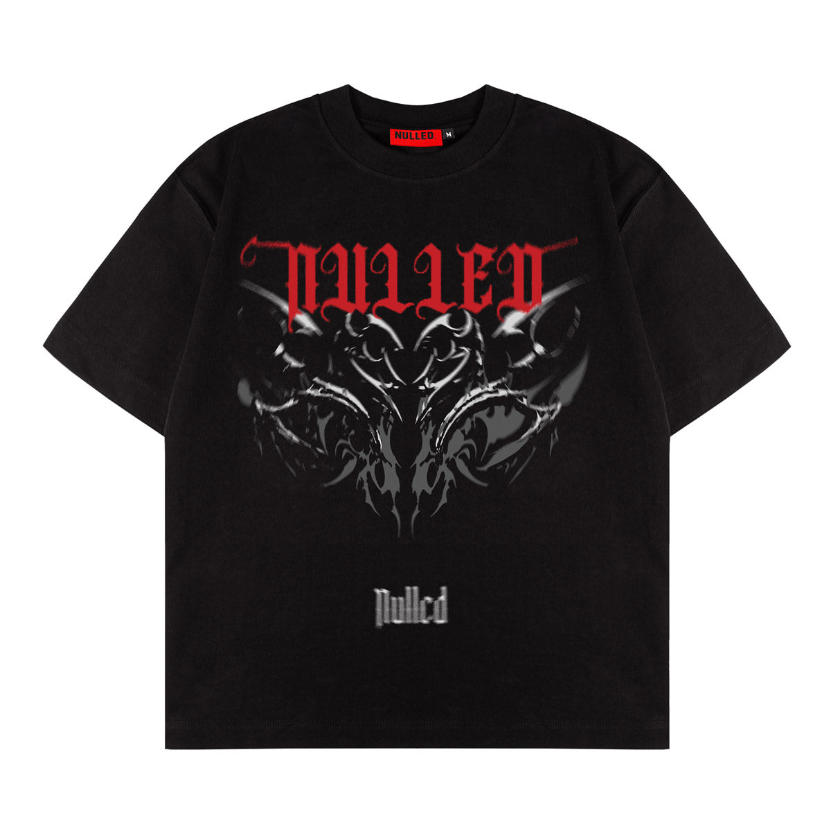 Black t-shirt with red and white graphic design on a white background