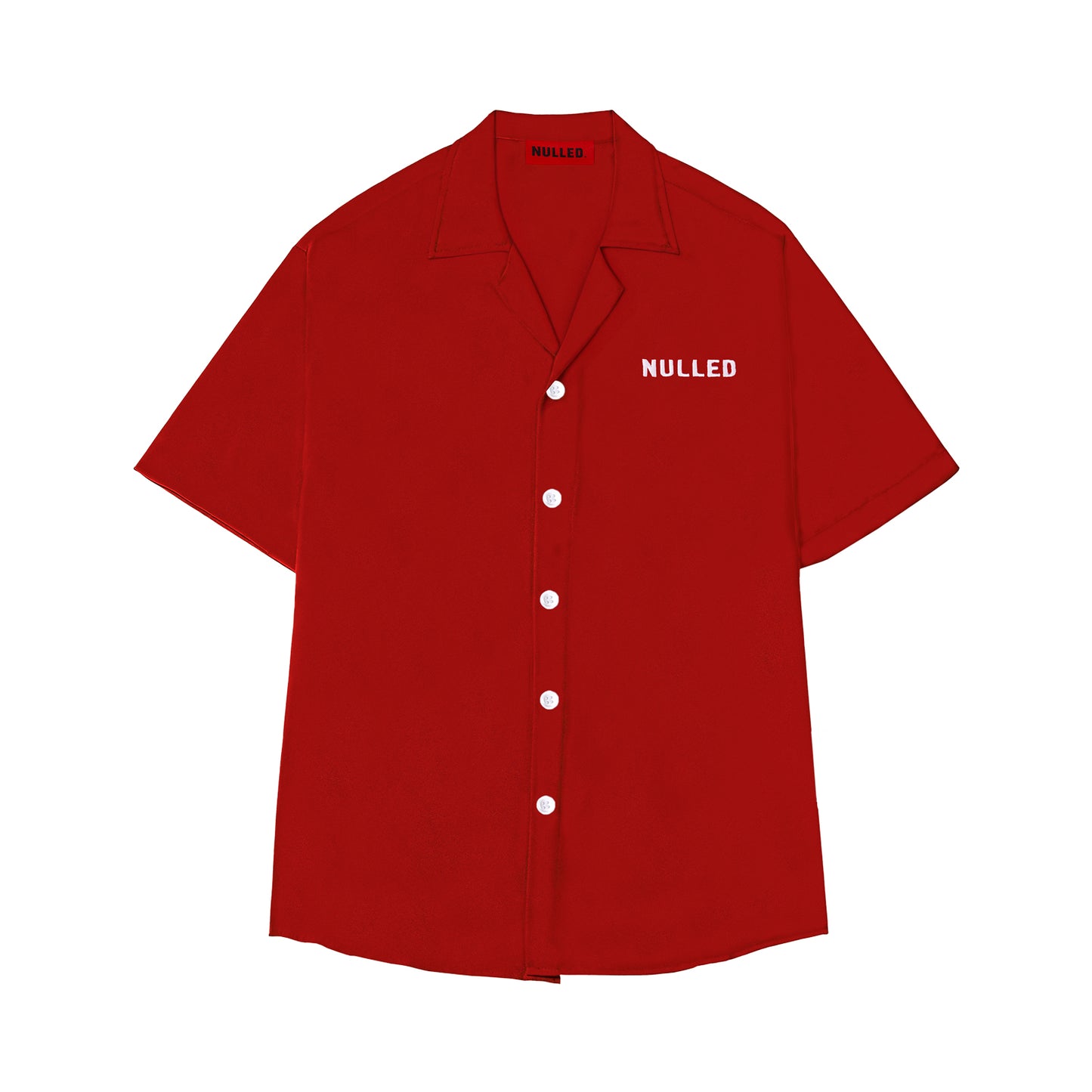 Red button-up shirt with 'Nulled' branding on a white background