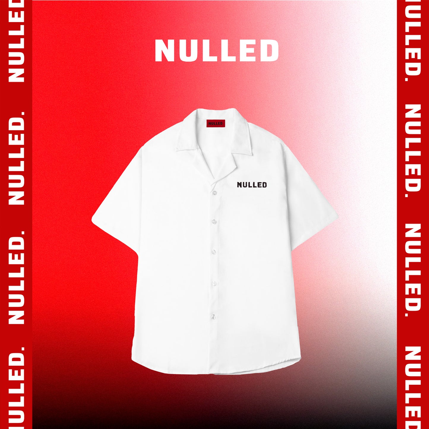 White shirt with 'NULLED' branding on a red and white gradient background